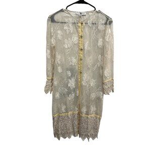 Vintage Sue Wong Beige Lace Floral Sheer Long Sleeve Duster Size Small Elegant